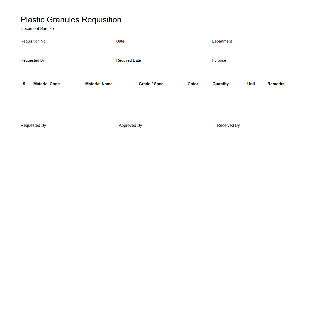 Plastic Granules Requisition Document Layout