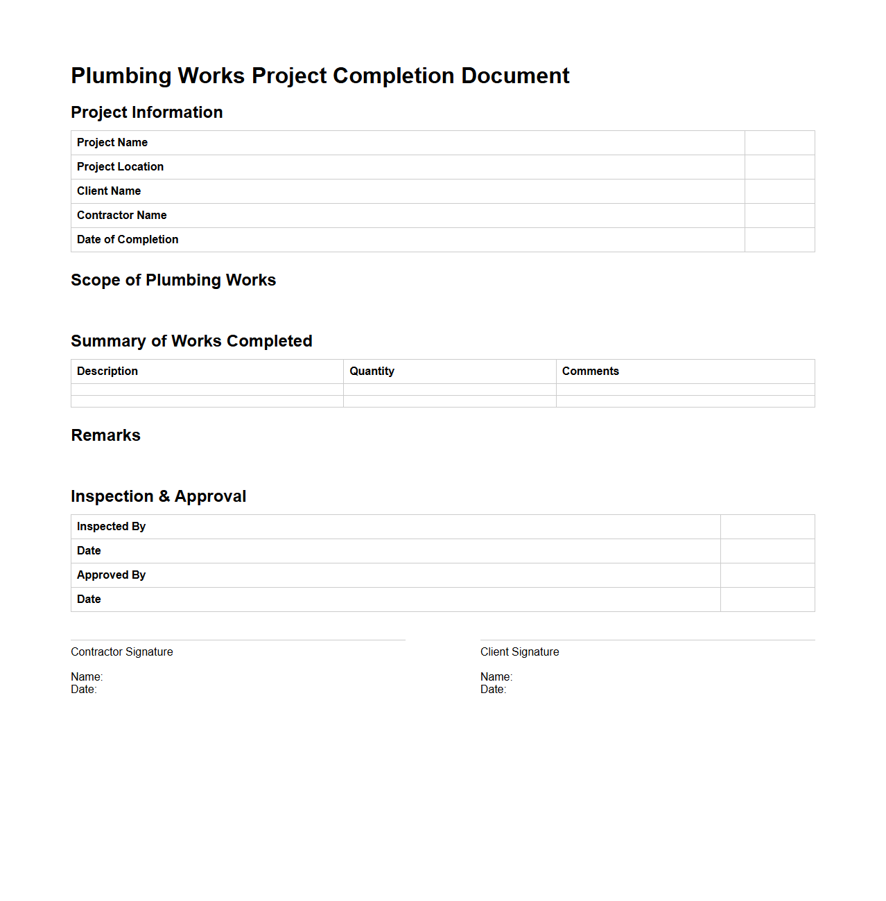 Plumbing Works Project Completion Document