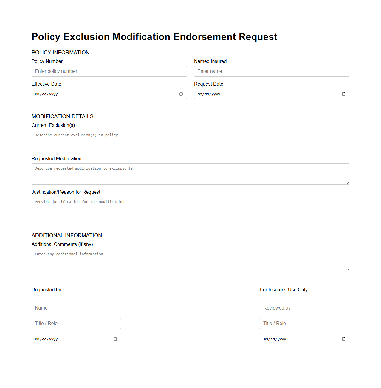Policy Exclusion Modification Endorsement Request