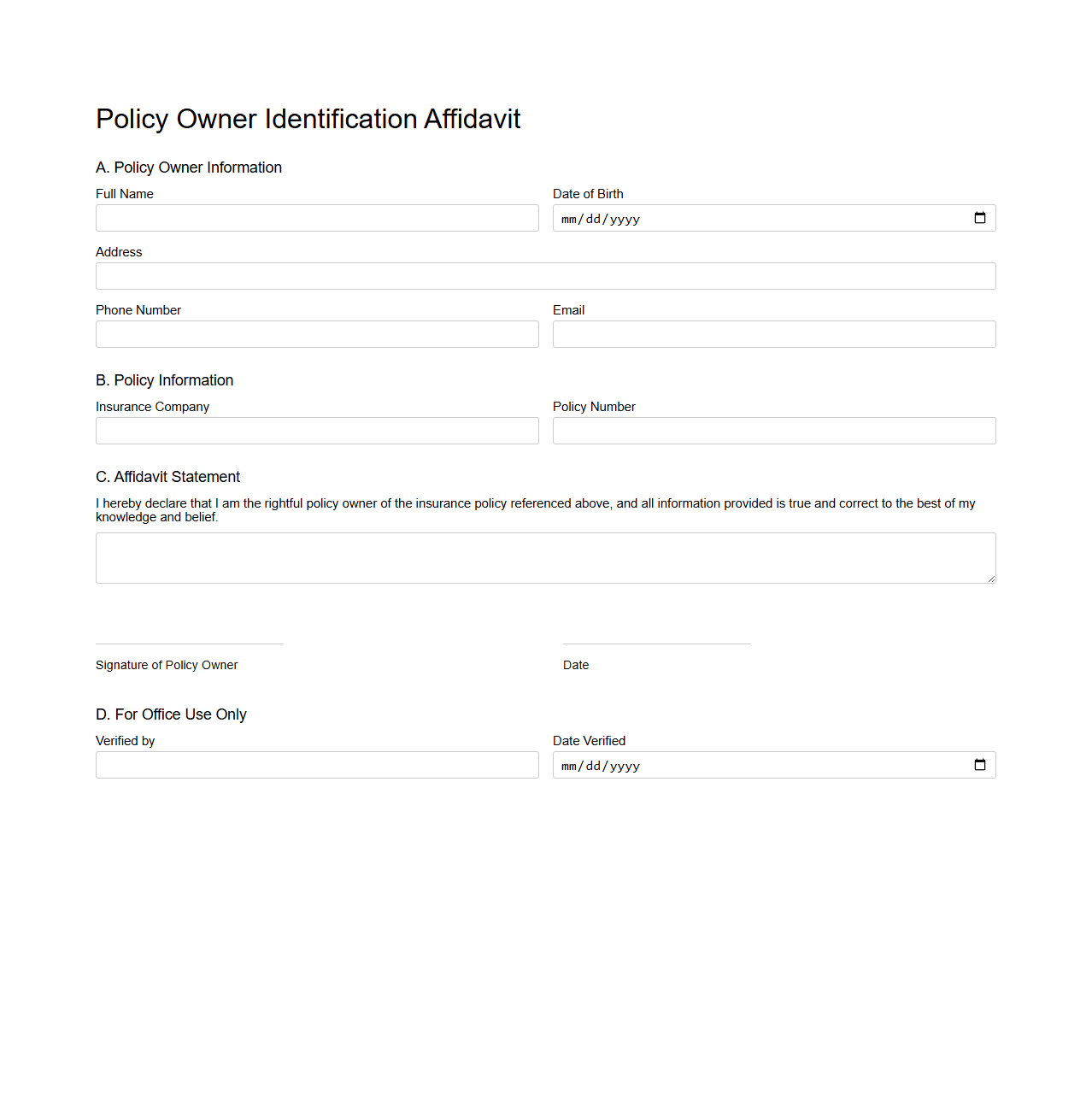 Policy Owner Identification Affidavit
