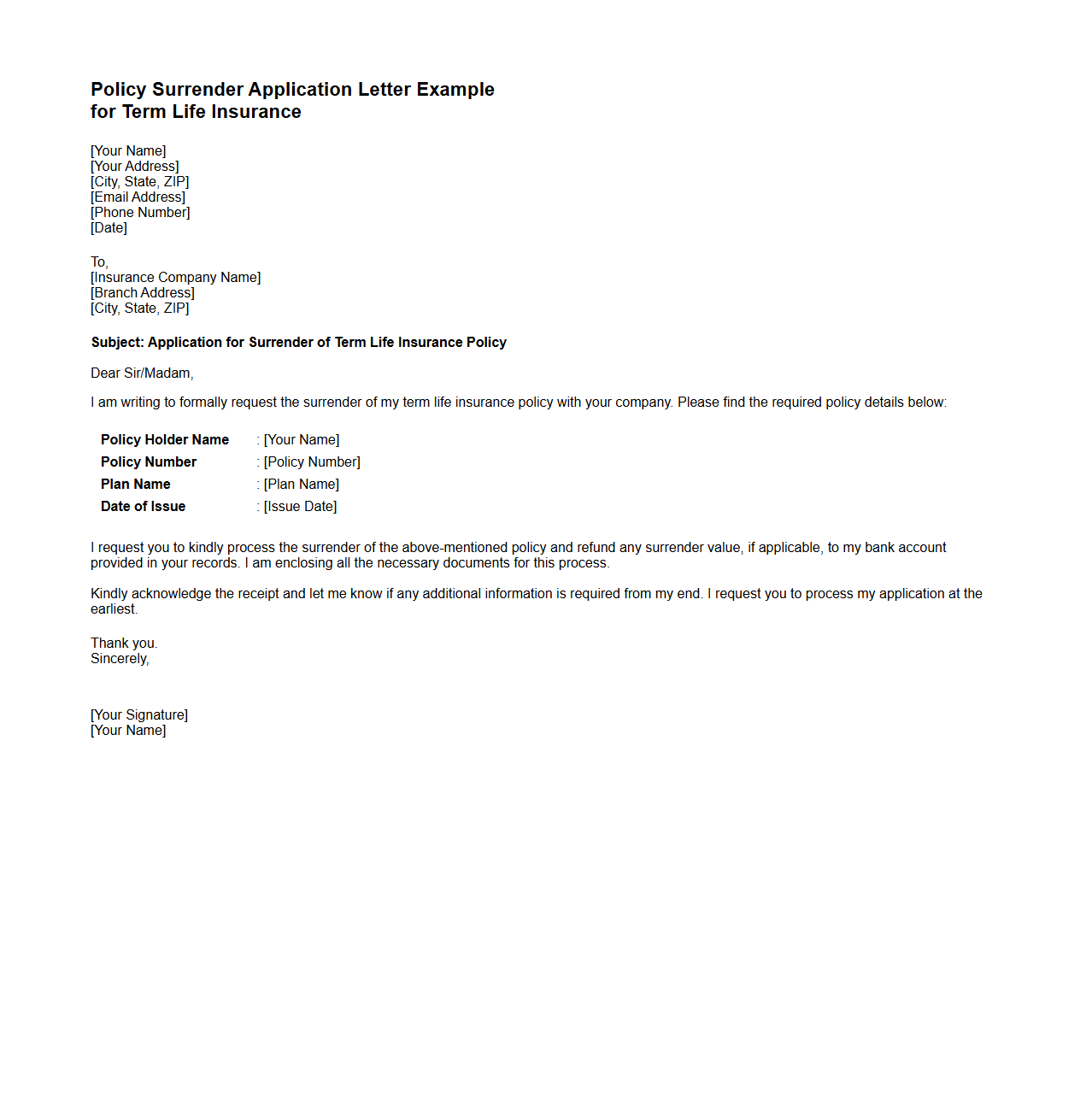 Policy Surrender Application Letter Example for Term Life Insurance