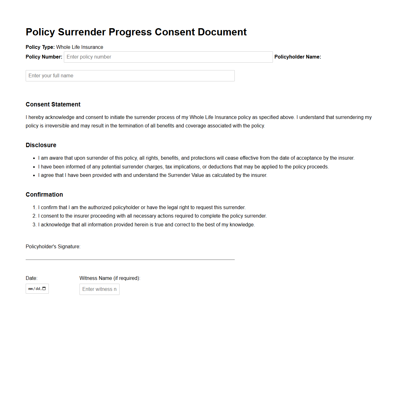 Policy Surrender Progress Consent Document for Whole Life Insurance