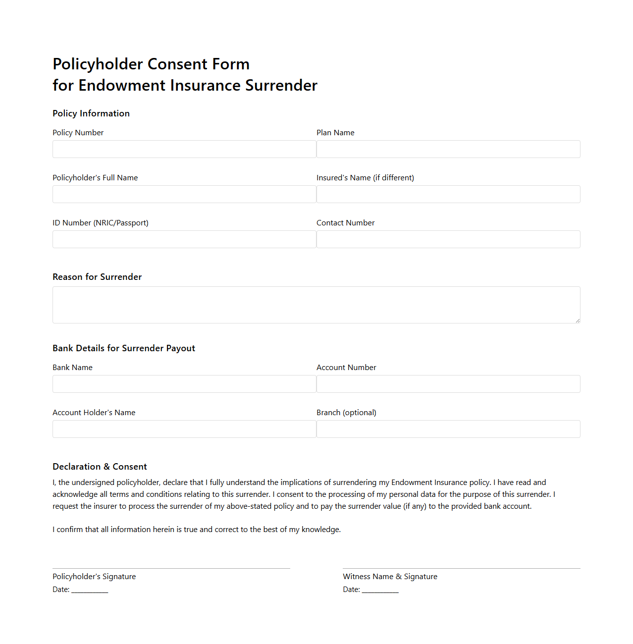Policyholder Consent Form for Endowment Insurance Surrender