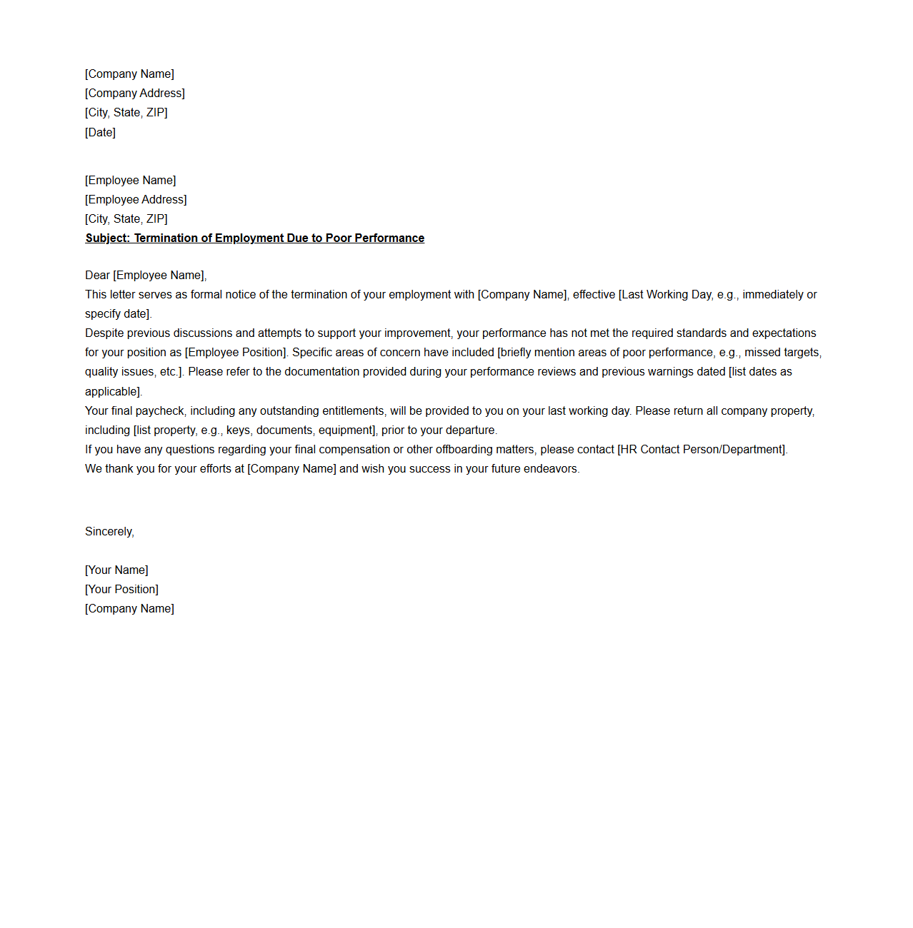 Poor Performance Termination Letter Format