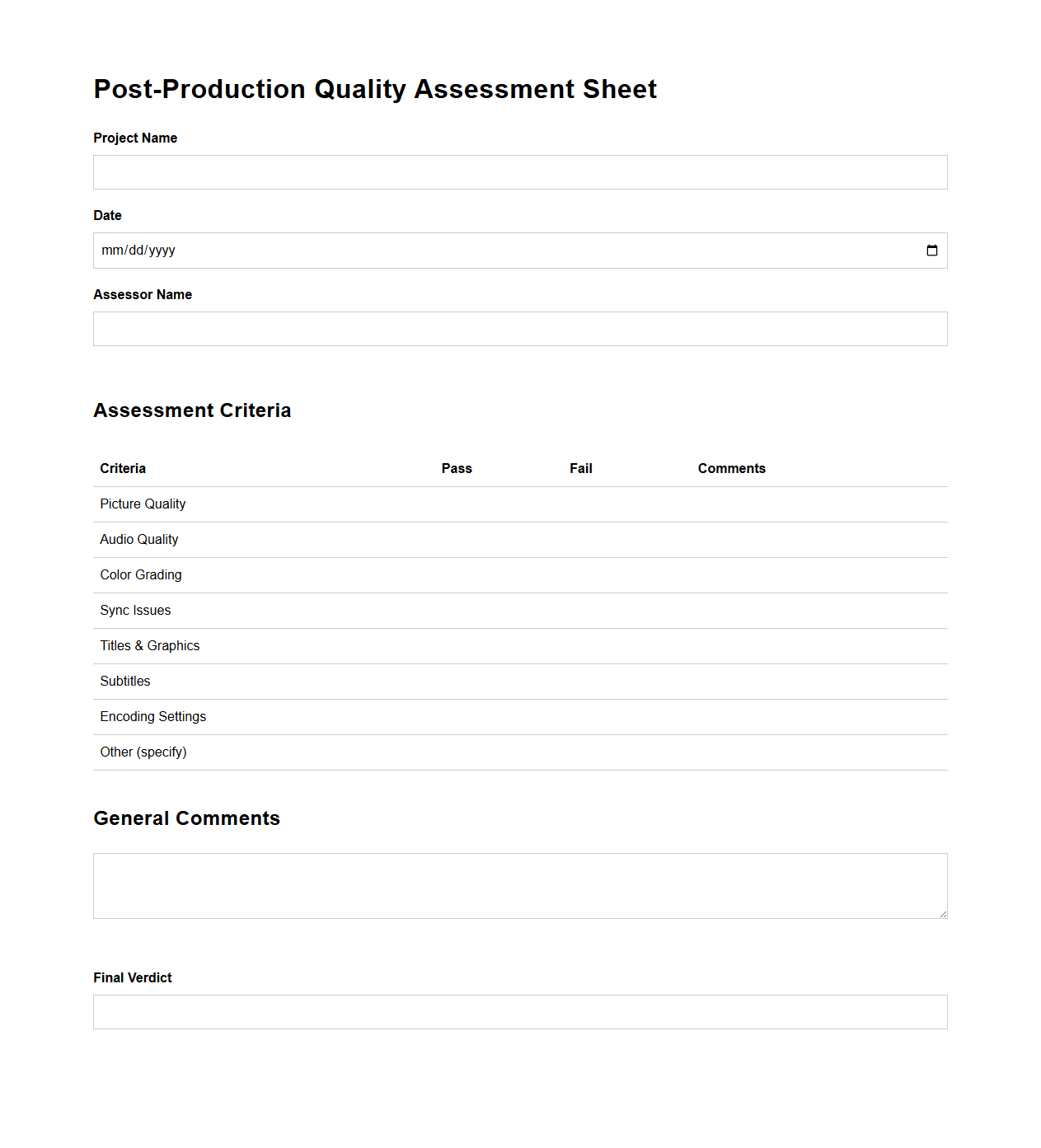 Post-Production Quality Assessment Sheet