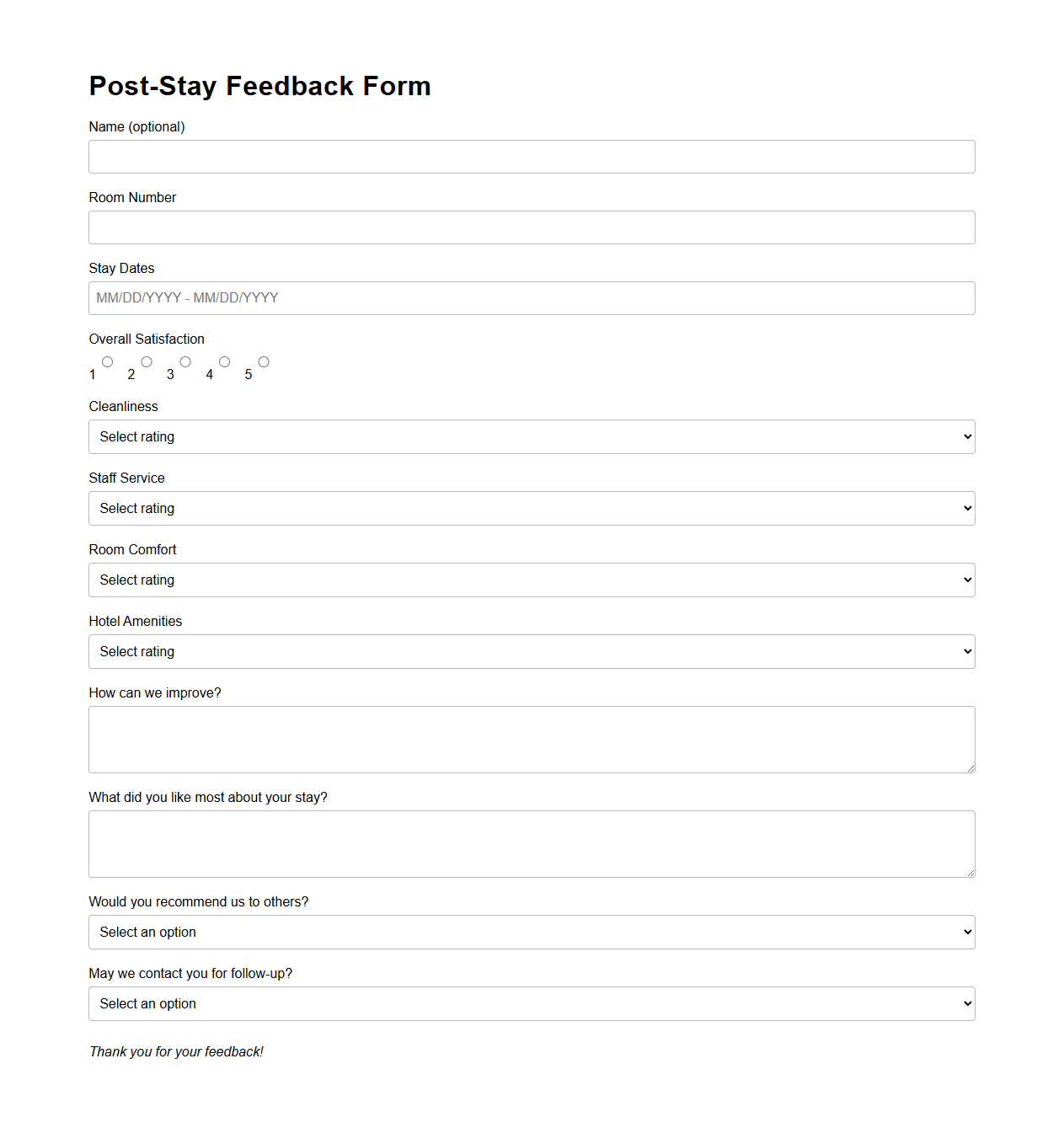 Post-Stay Feedback Form for Boutique Hotel Guests