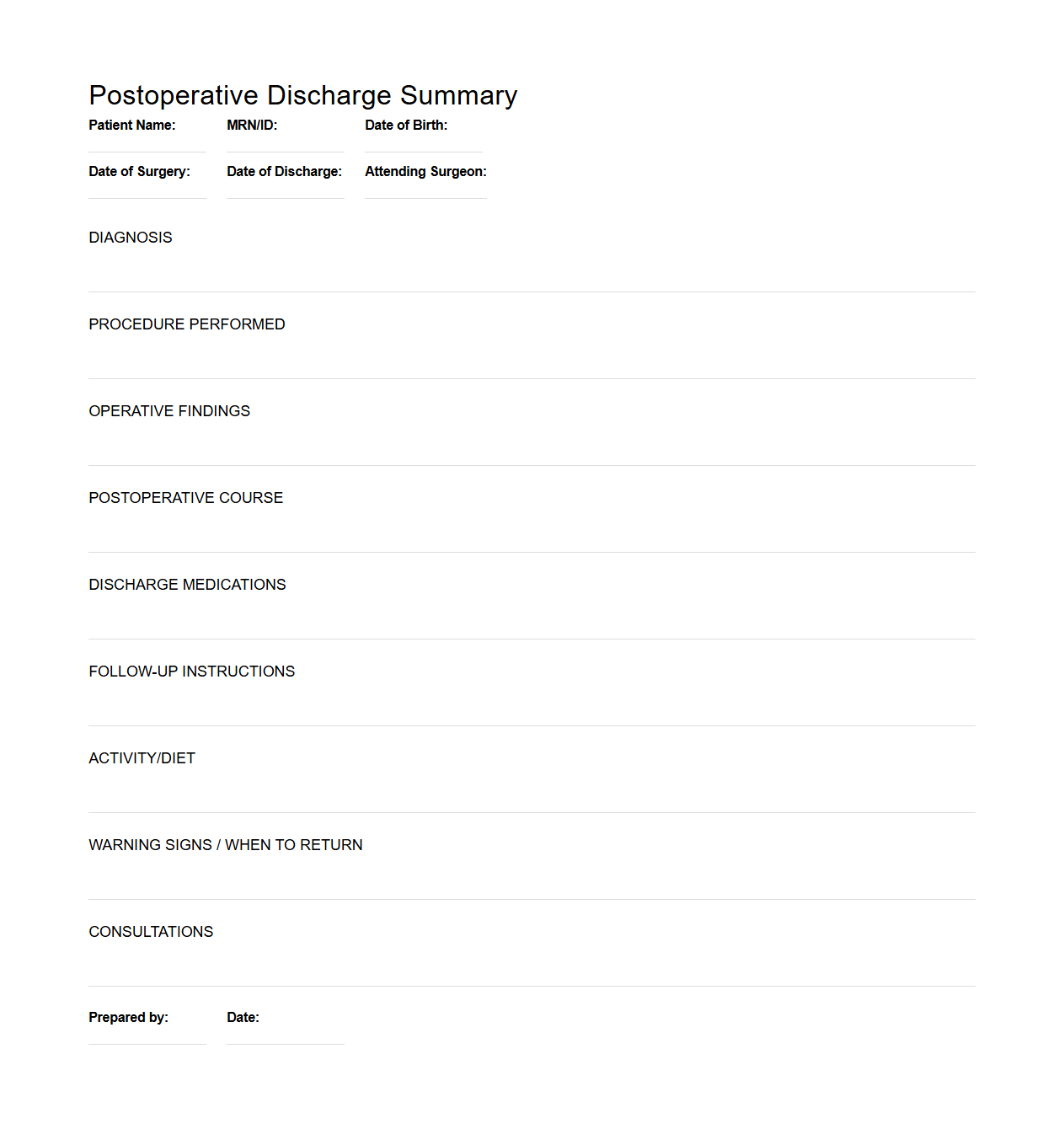 Postoperative Discharge Summary Template