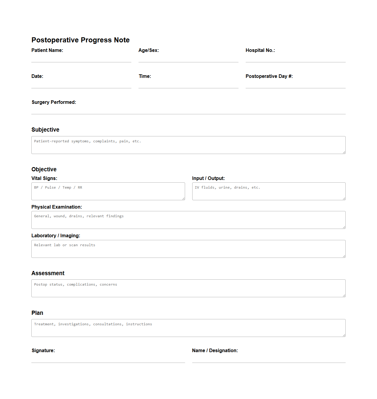 Postoperative Progress Notes for Surgical Patients