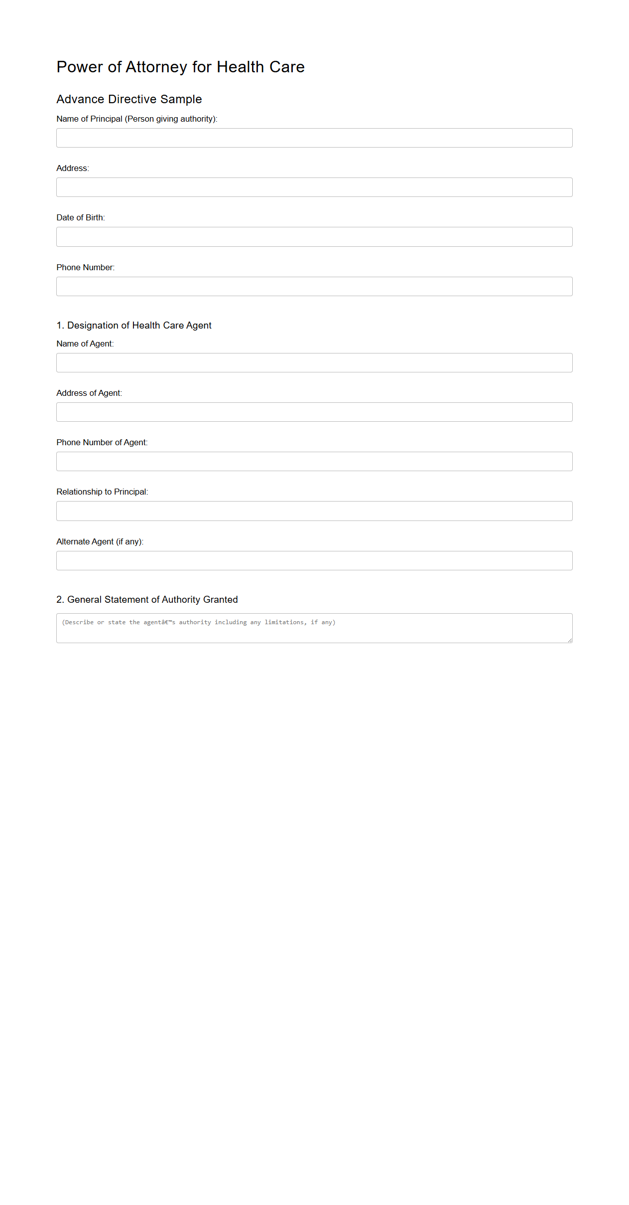 Power of Attorney for Health Care Advance Directive Sample