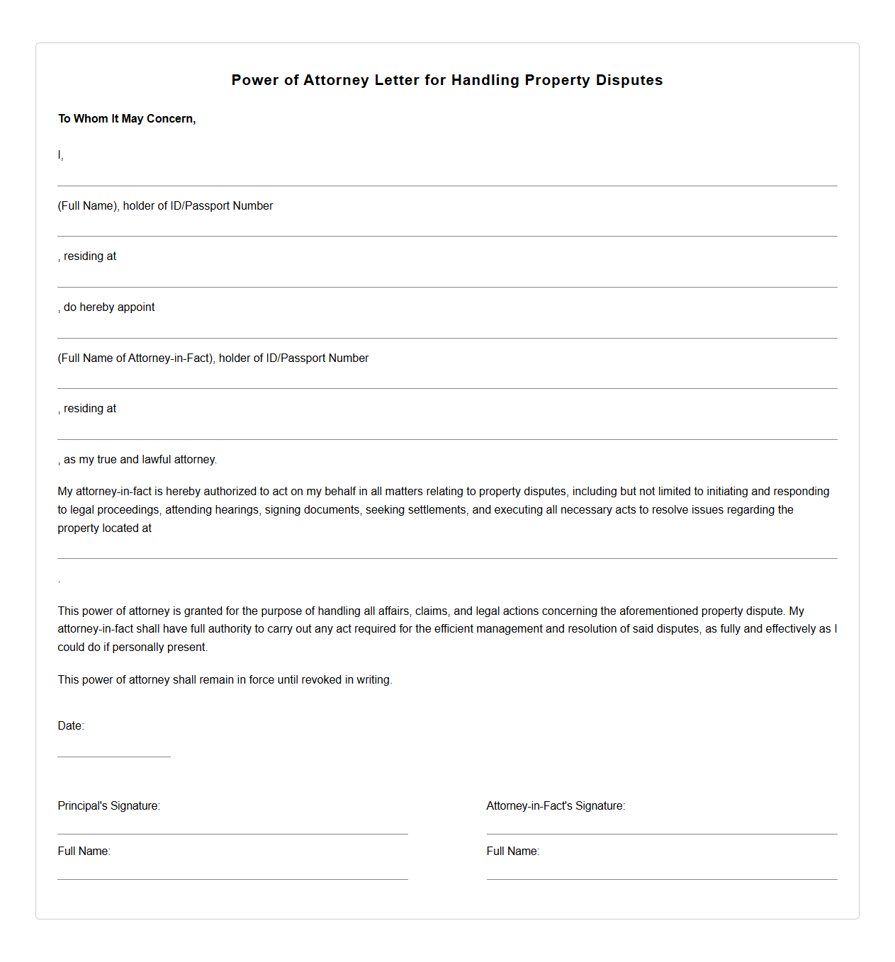 Power of Attorney Letter for Handling Property Disputes