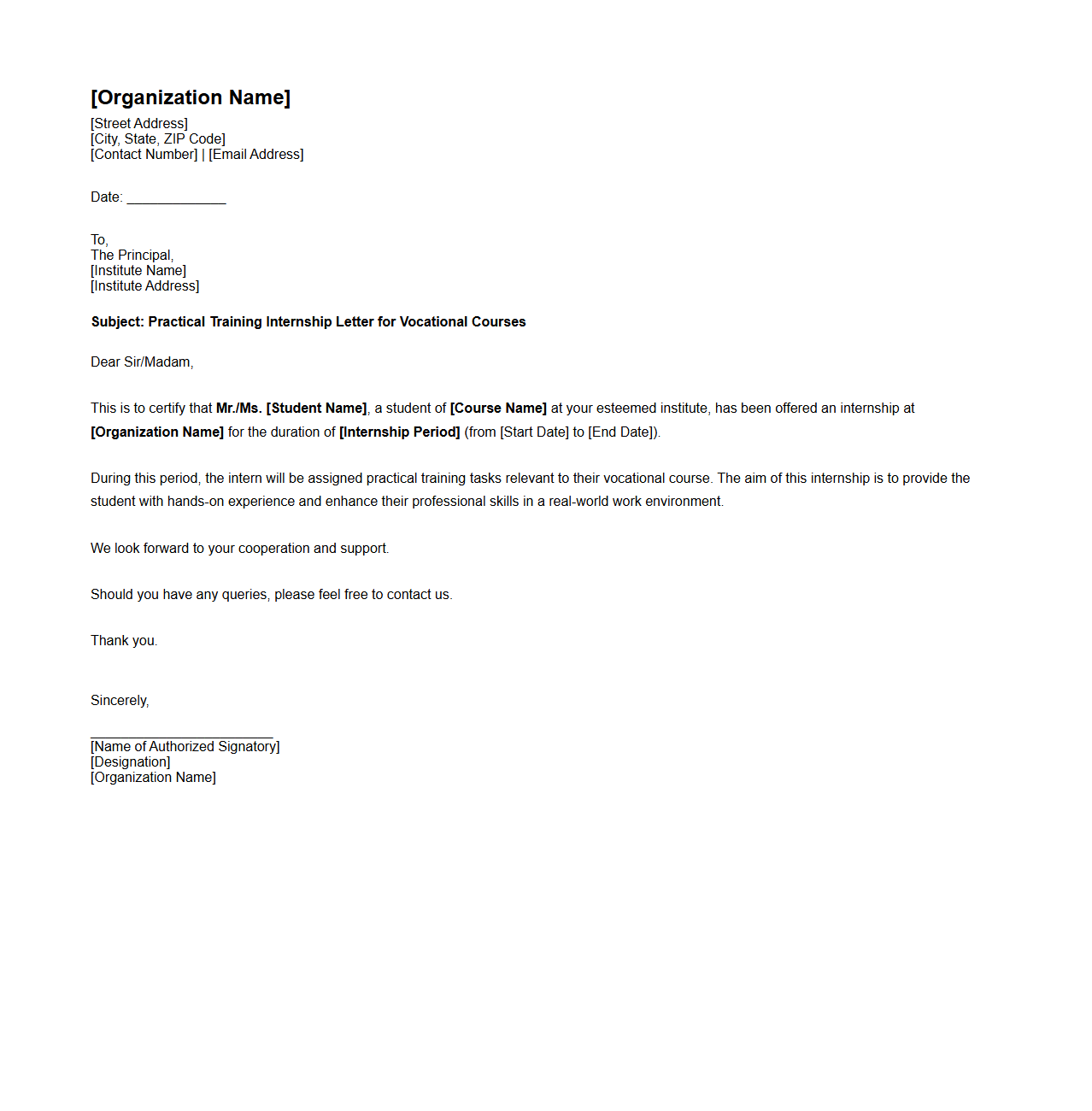 Practical Training Internship Letter for Vocational Courses