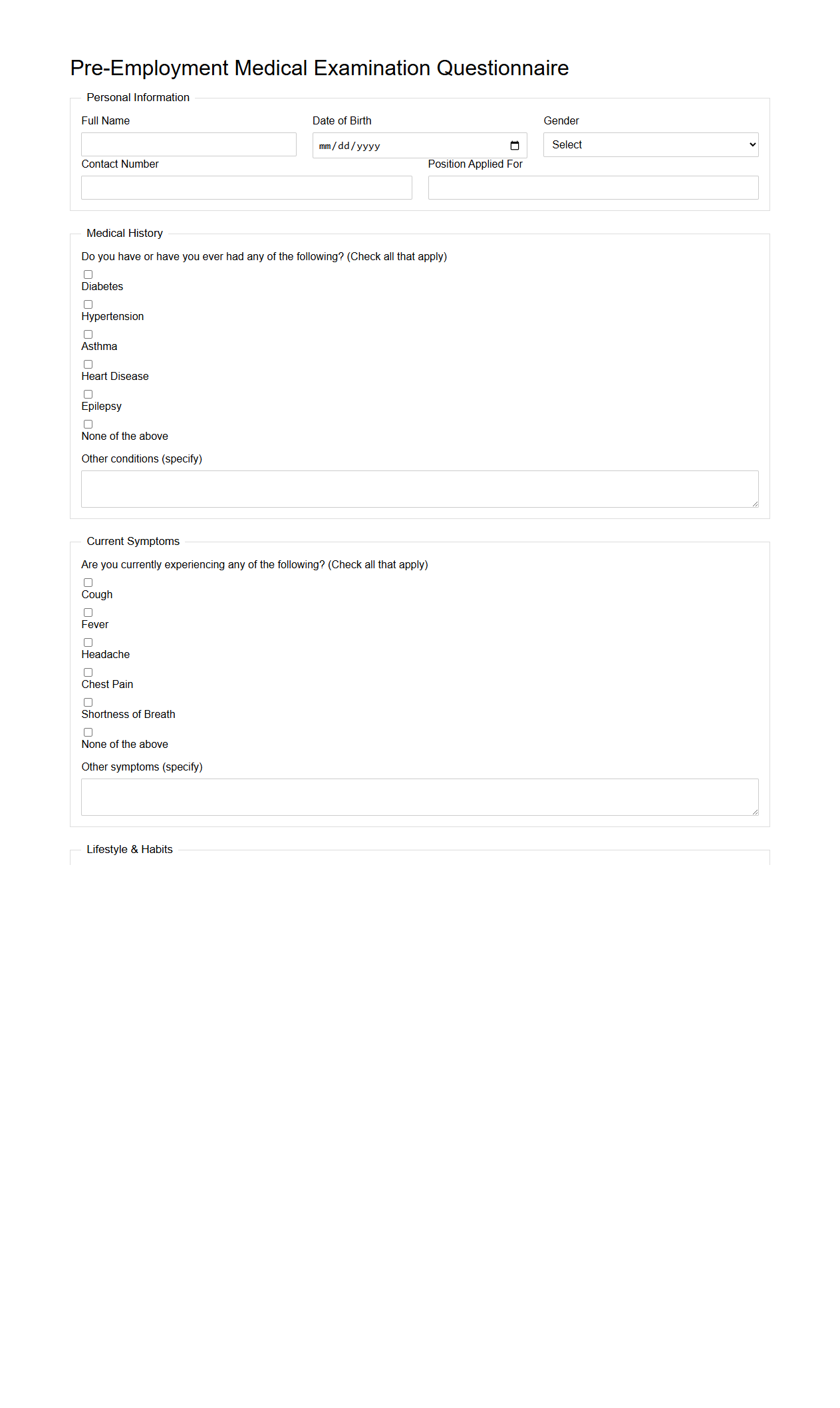 Pre-Employment Medical Examination Questionnaire