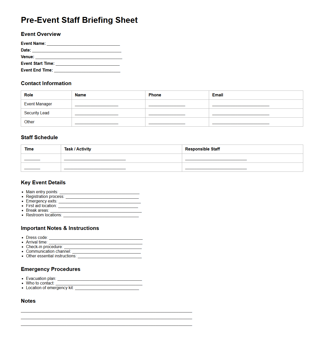 Pre-Event Staff Briefing Sheet