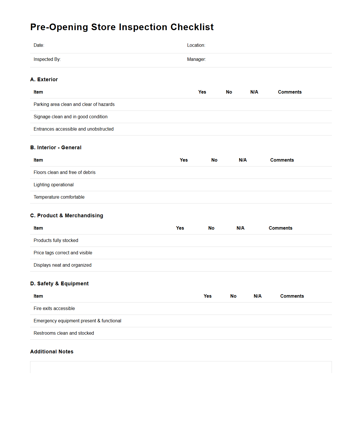 Pre-Opening Store Inspection Checklist Template