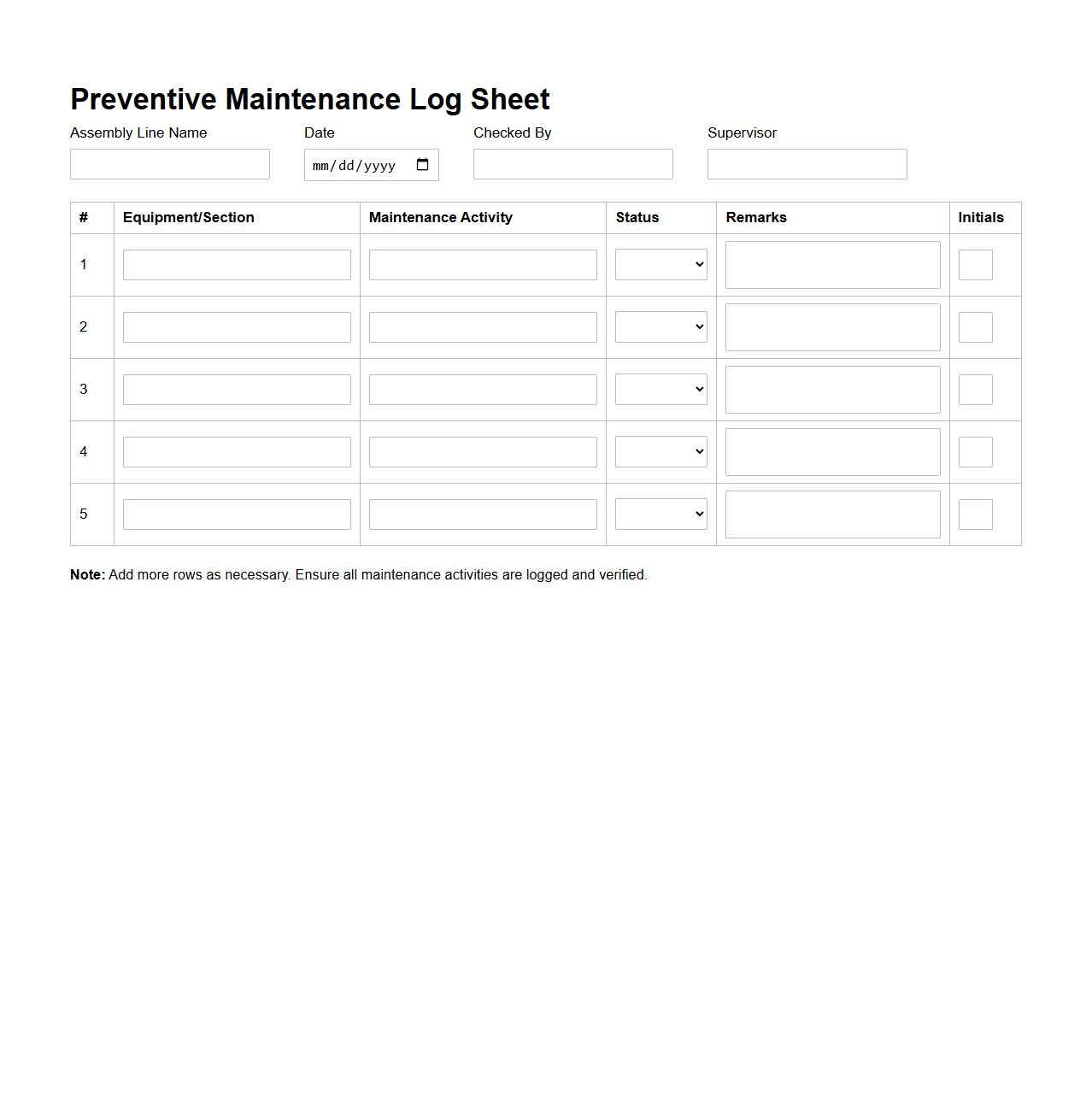Preventive Maintenance Log Sheet for Assembly Lines