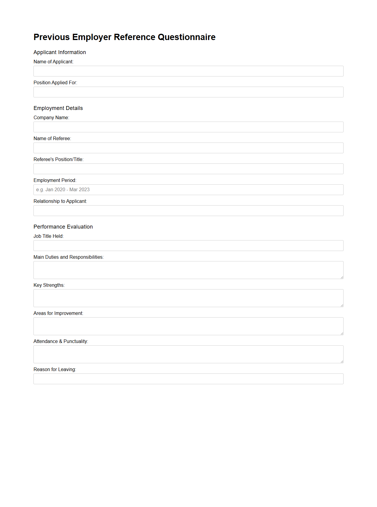 Previous Employer Reference Questionnaire Format