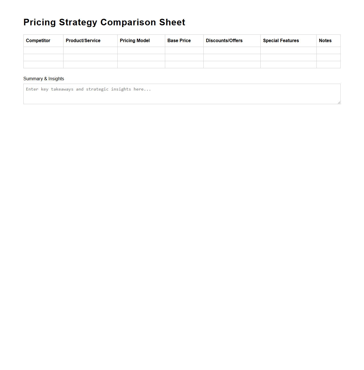 Pricing Strategy Comparison Sheet for Competitor Analysis