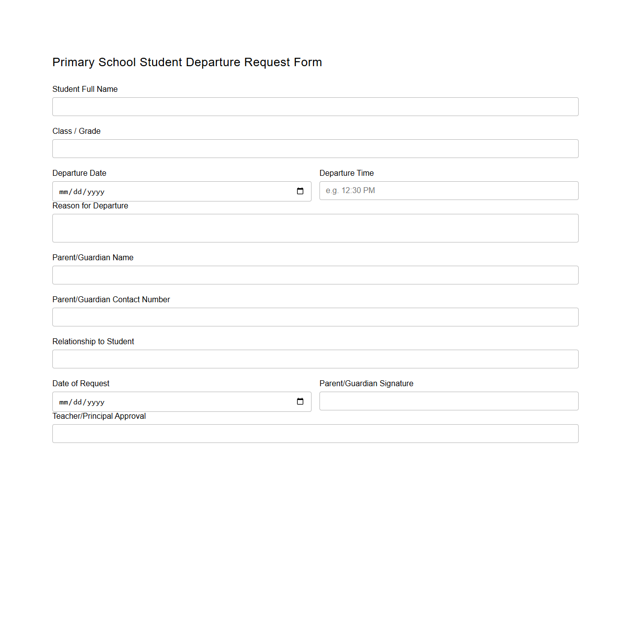 Primary School Student Departure Request Form