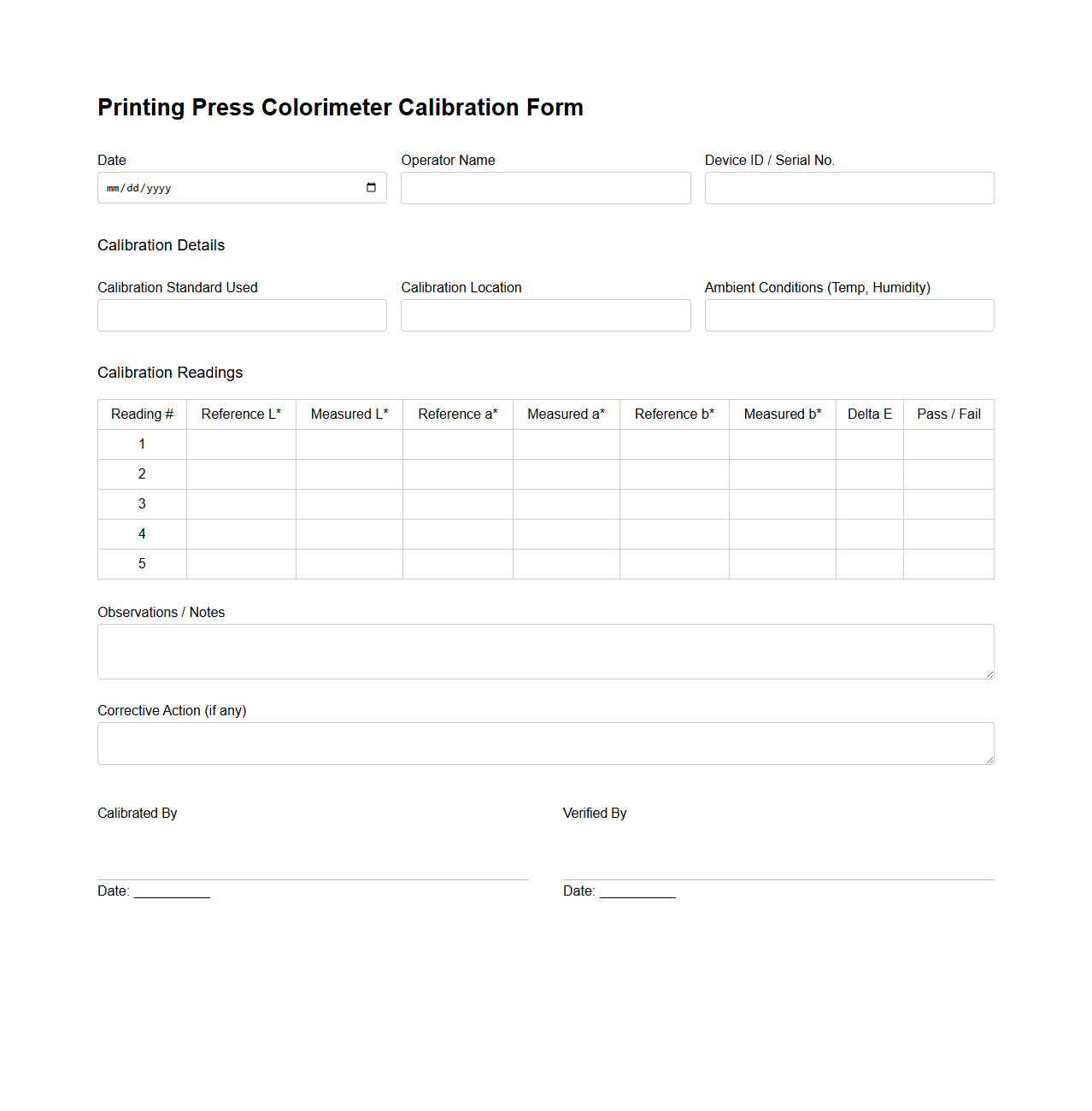 Printing Press Colorimeter Calibration Form
