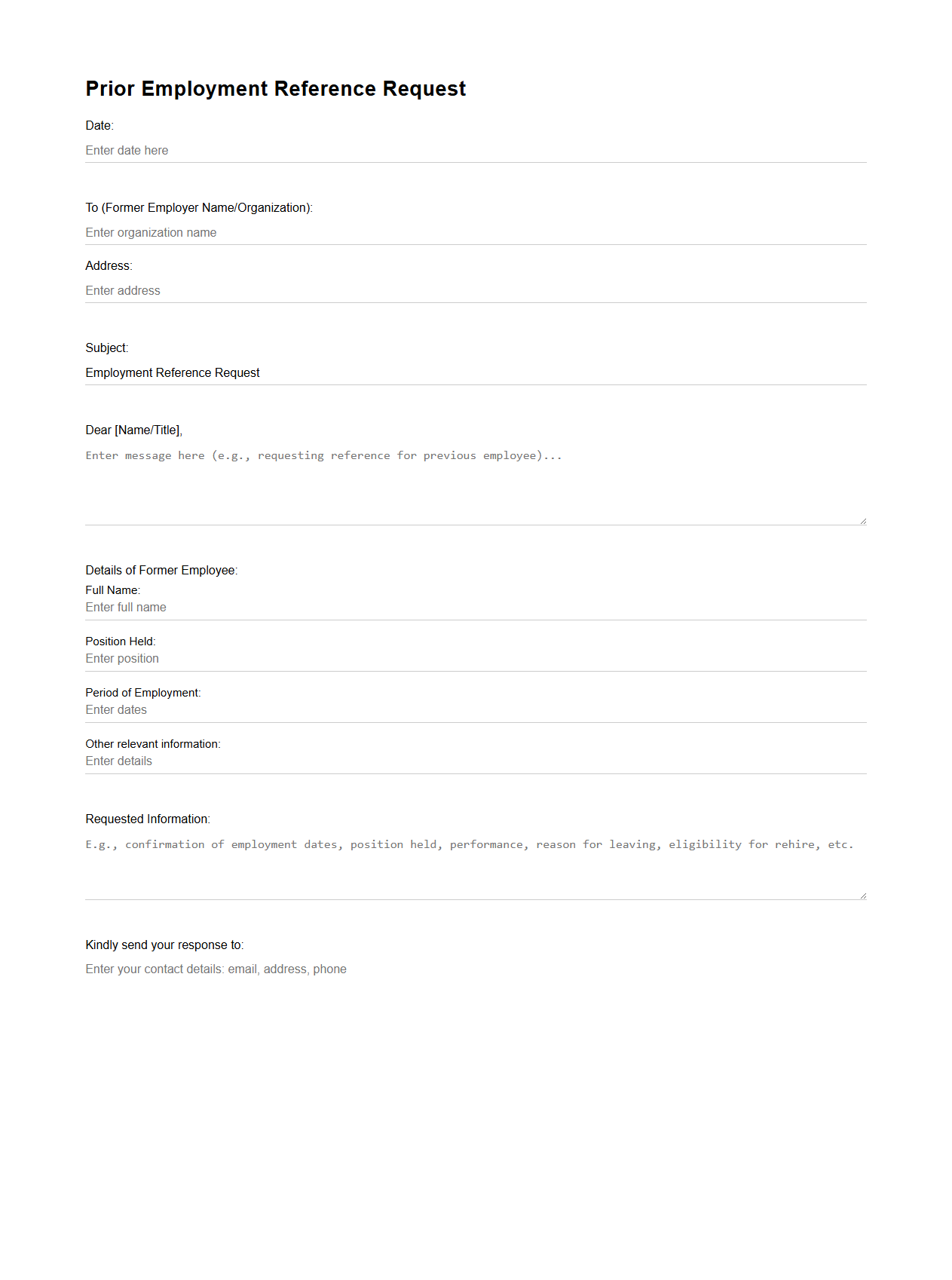 Prior Employment Reference Request Template