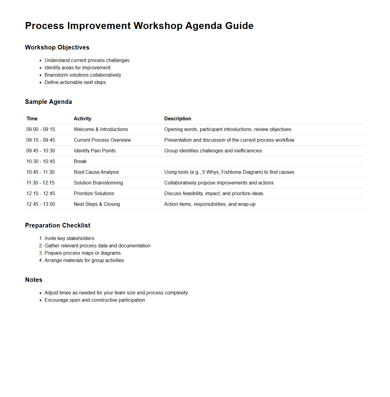 Process Improvement Workshop Agenda Guide