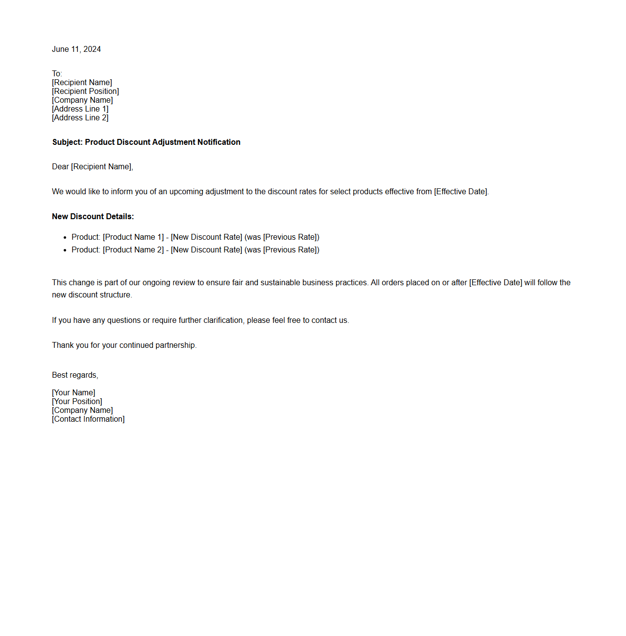 Product Discount Adjustment Notification Letter