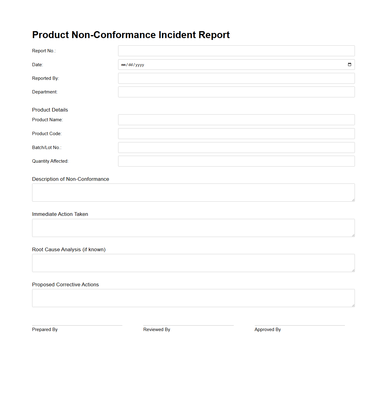 Product Non-Conformance Incident Report Example