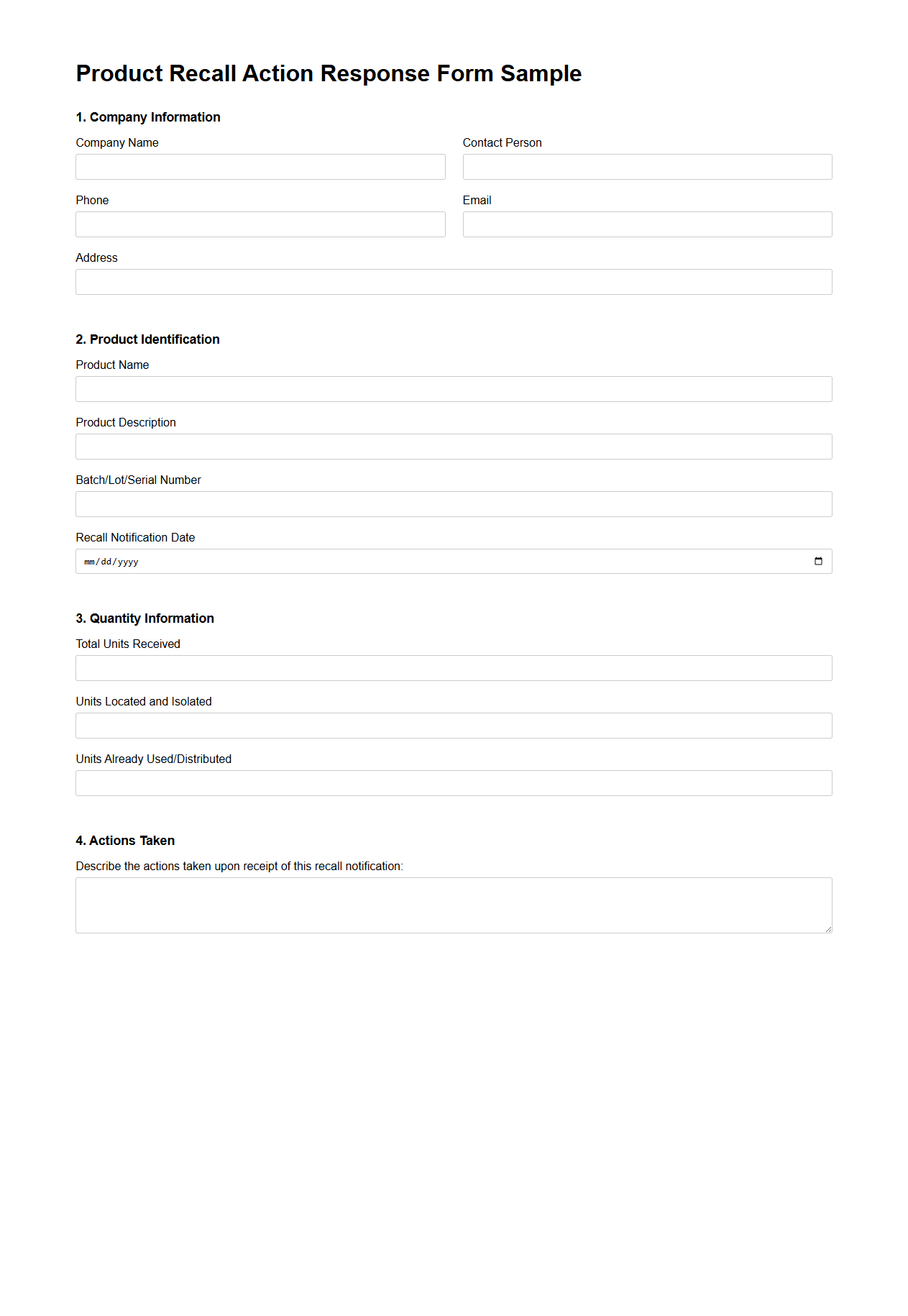 Product Recall Action Response Form Sample