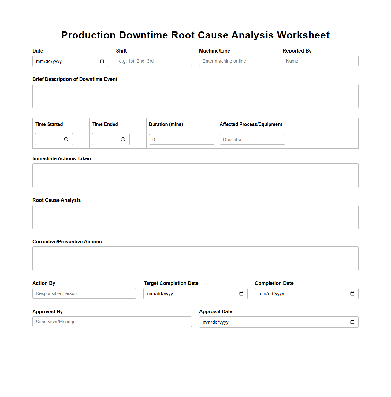 Production Downtime Root Cause Analysis Worksheet