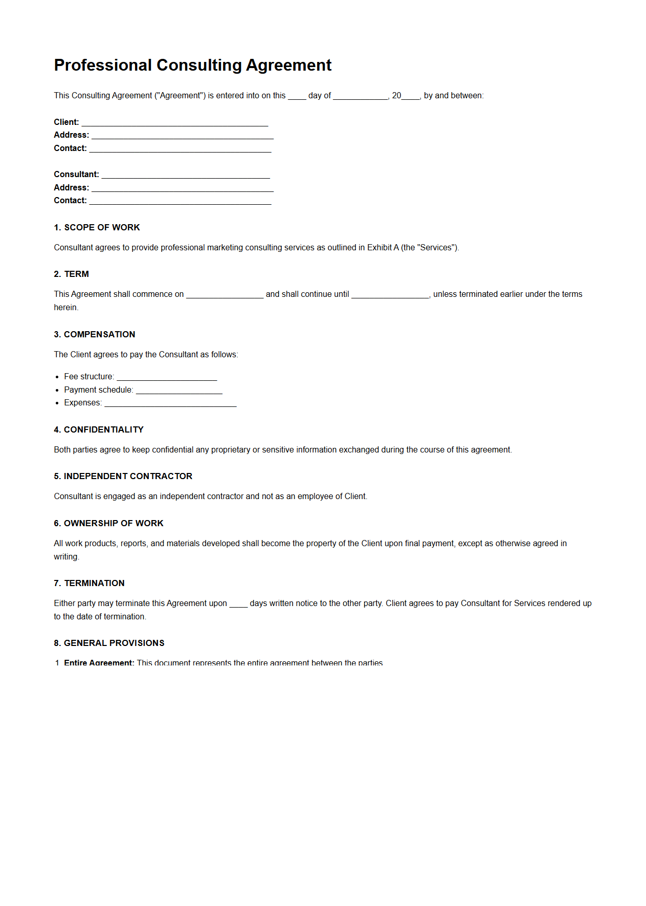 Professional Consulting Agreement Format for Marketing Consultants