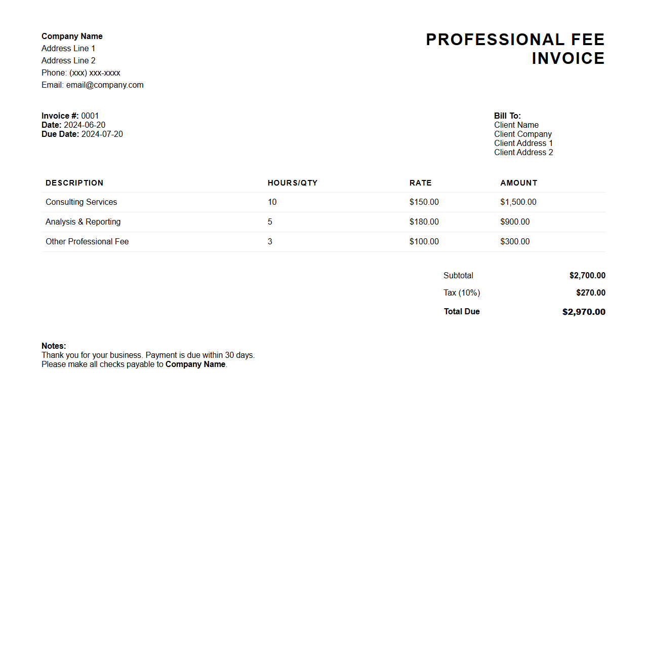 Professional Fee Invoice Layout for Accounts Receivable