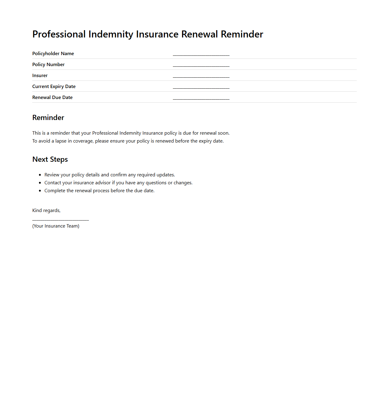 Professional Indemnity Insurance Renewal Reminder