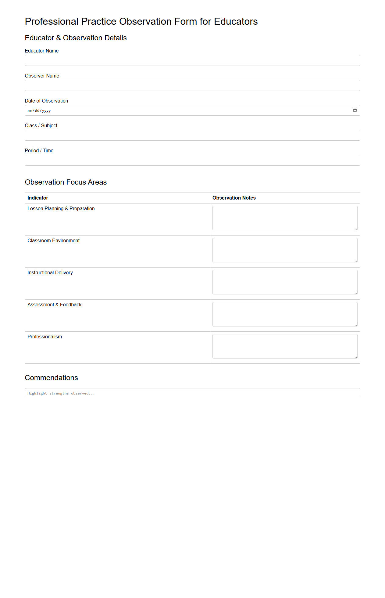 Professional Practice Observation Form for Educators