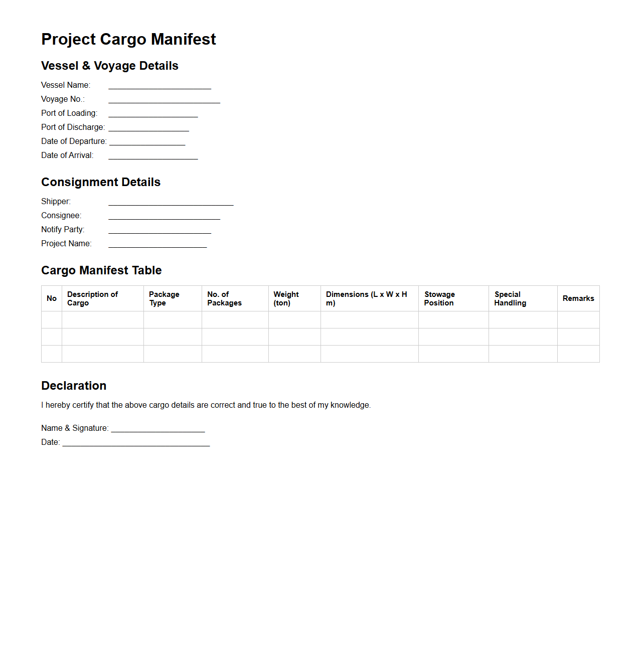 Project Cargo Manifest Example for Heavy Lift Vessels