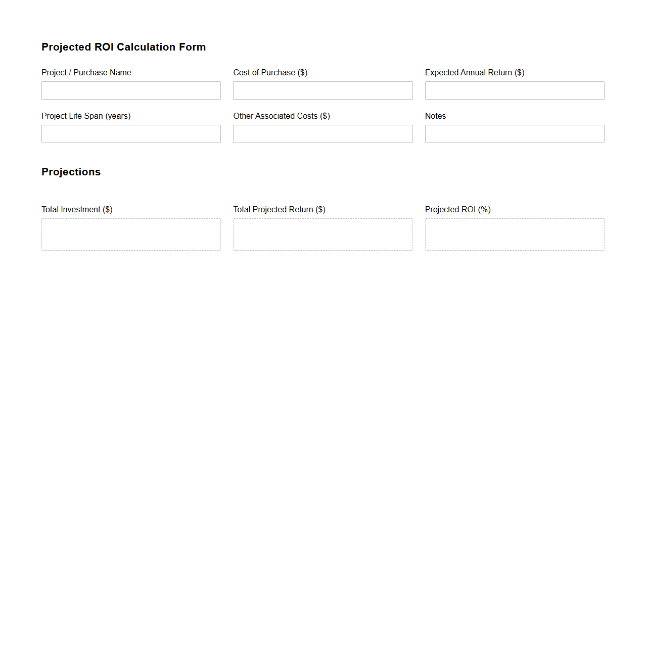Projected ROI Calculation Form for Major Purchases