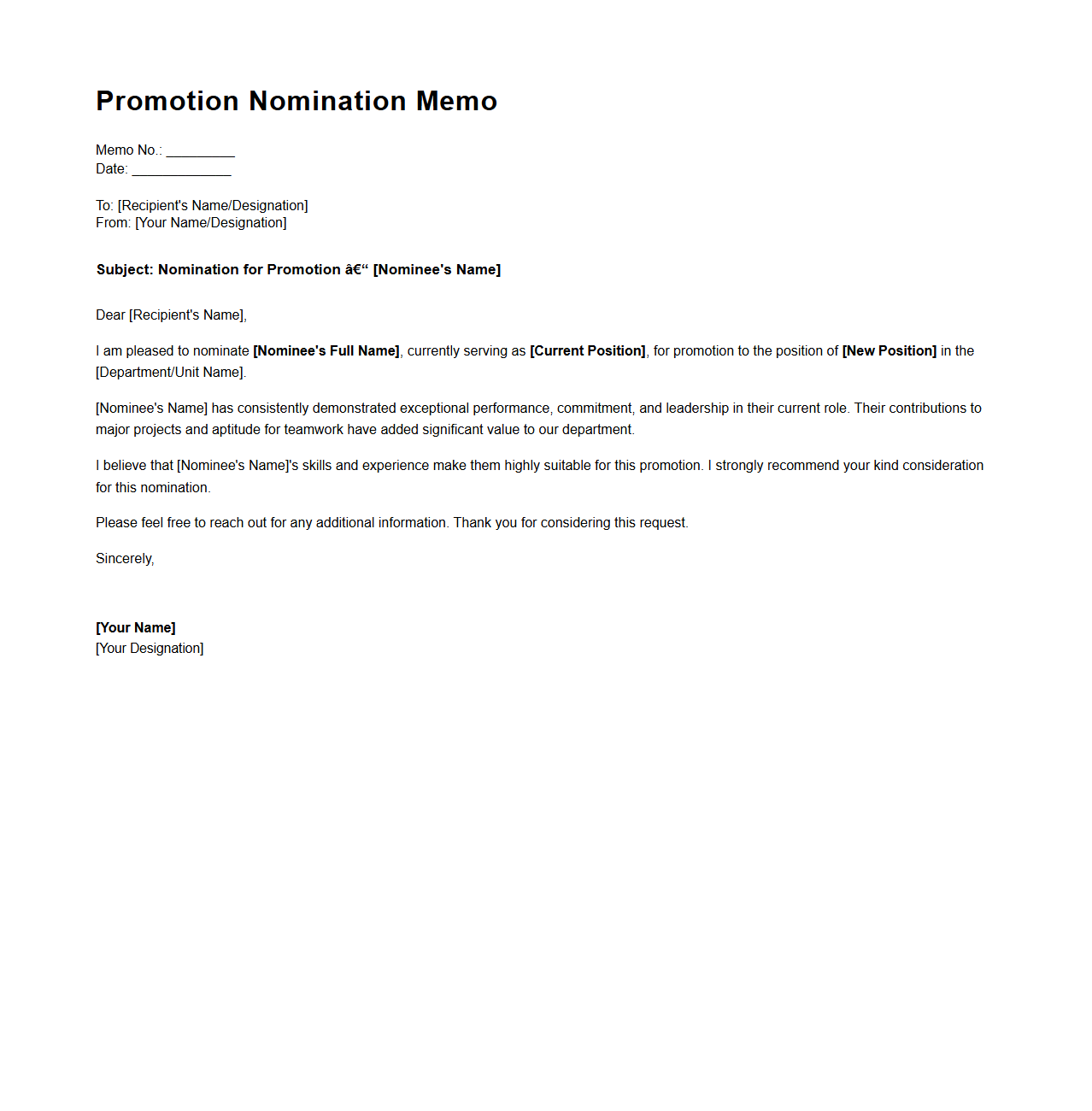 Promotion Nomination Memo Example