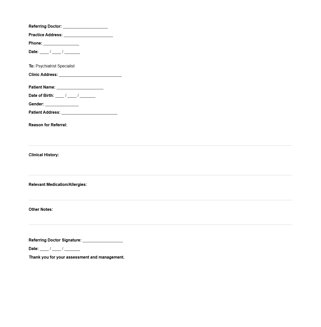 Psychiatrist Specialist Referral Letter Sample