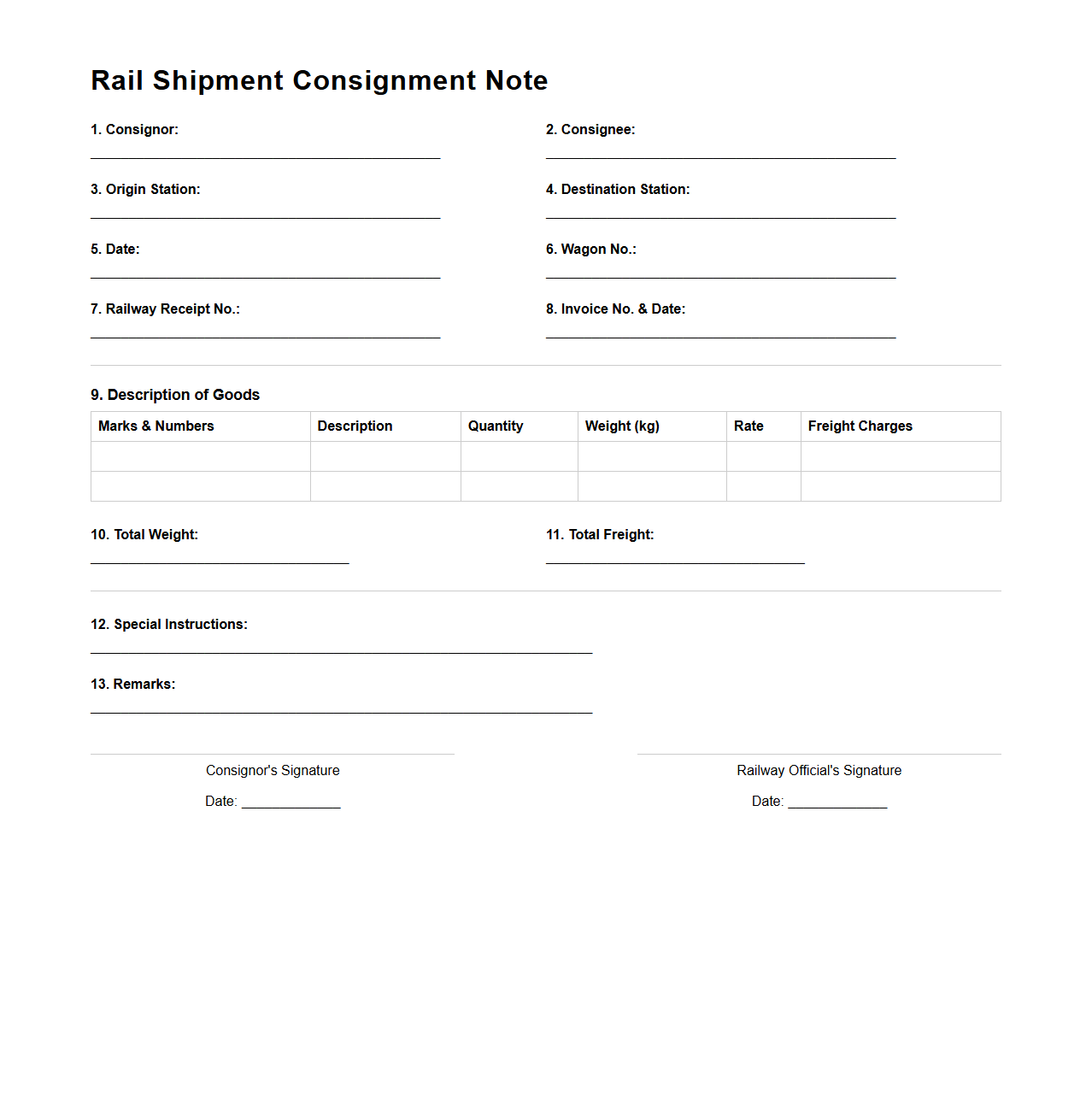 Rail Shipment Consignment Note Format