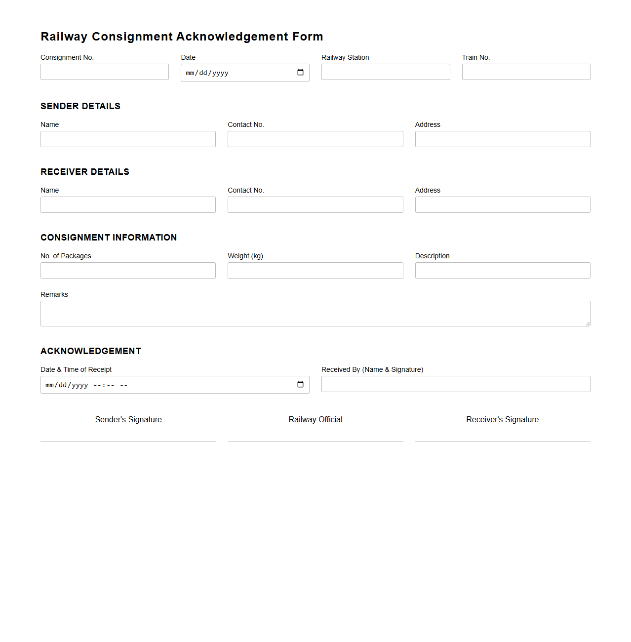 Railway Consignment Acknowledgement Form
