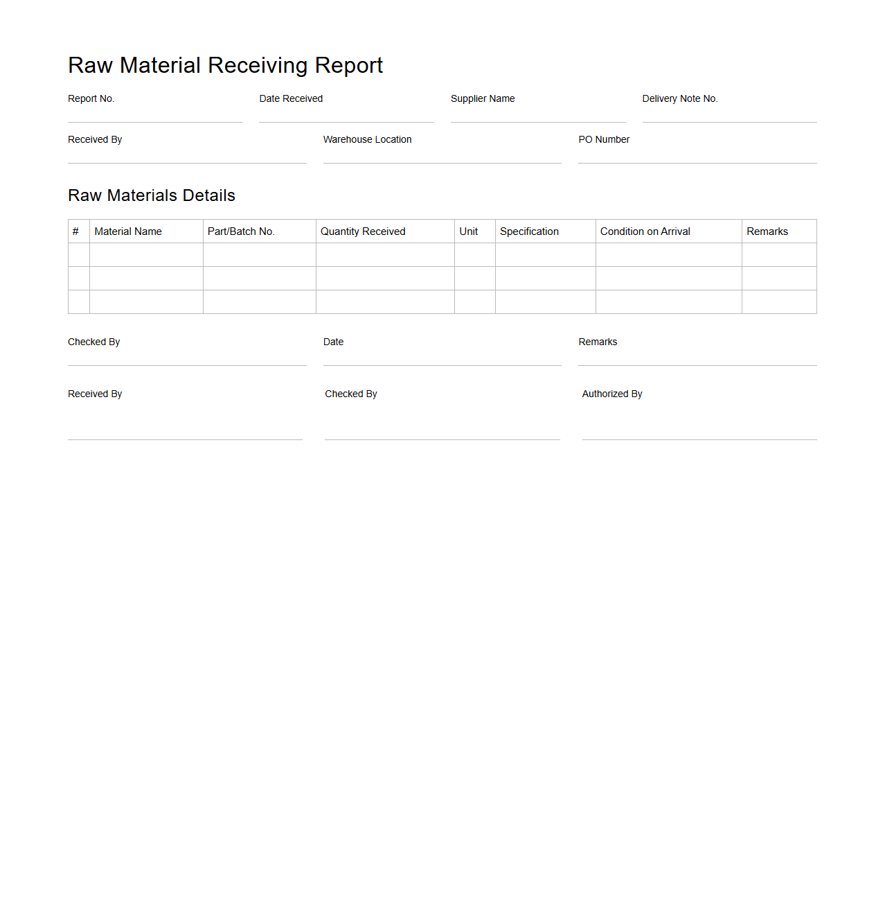 Raw Material Receiving Report Template for Manufacturing