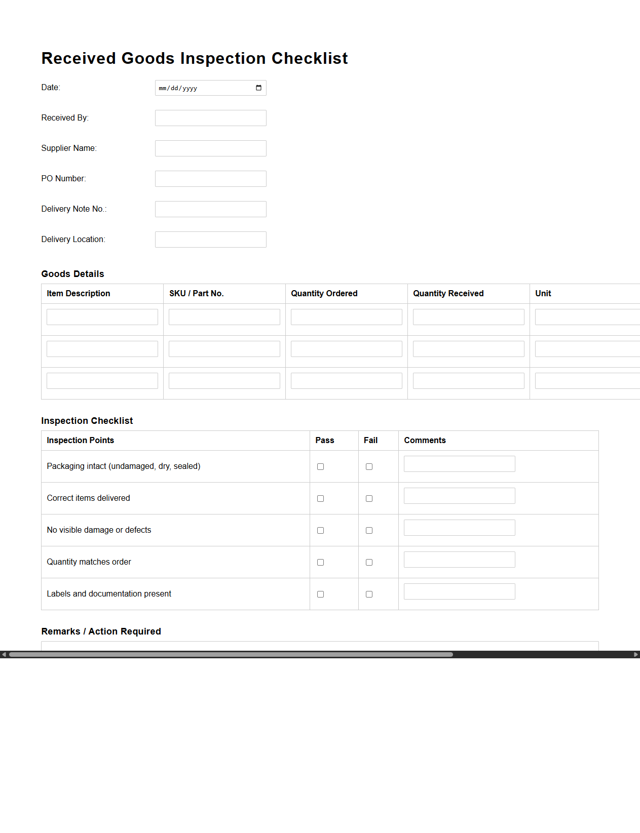 Received Goods Inspection Checklist
