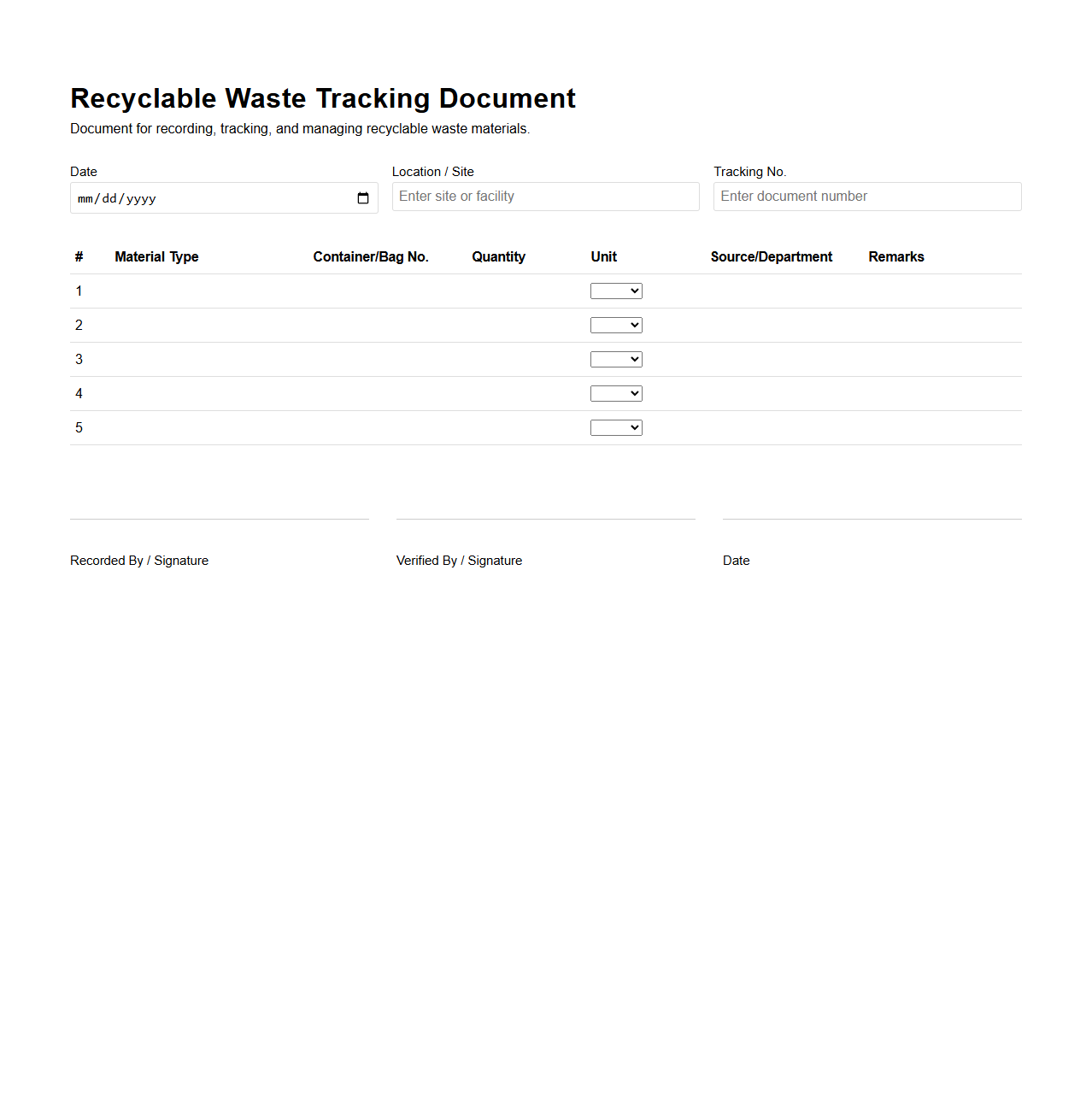 Recyclable Waste Tracking Document