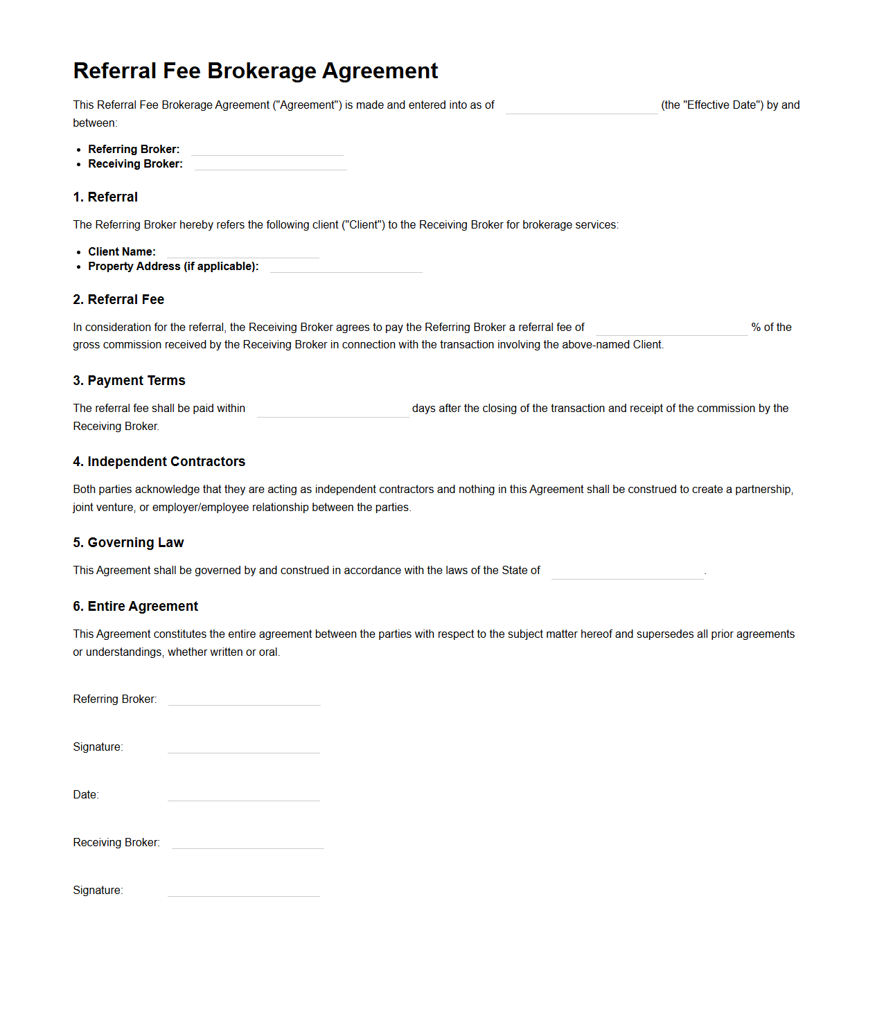 Referral Fee Brokerage Agreement Sample