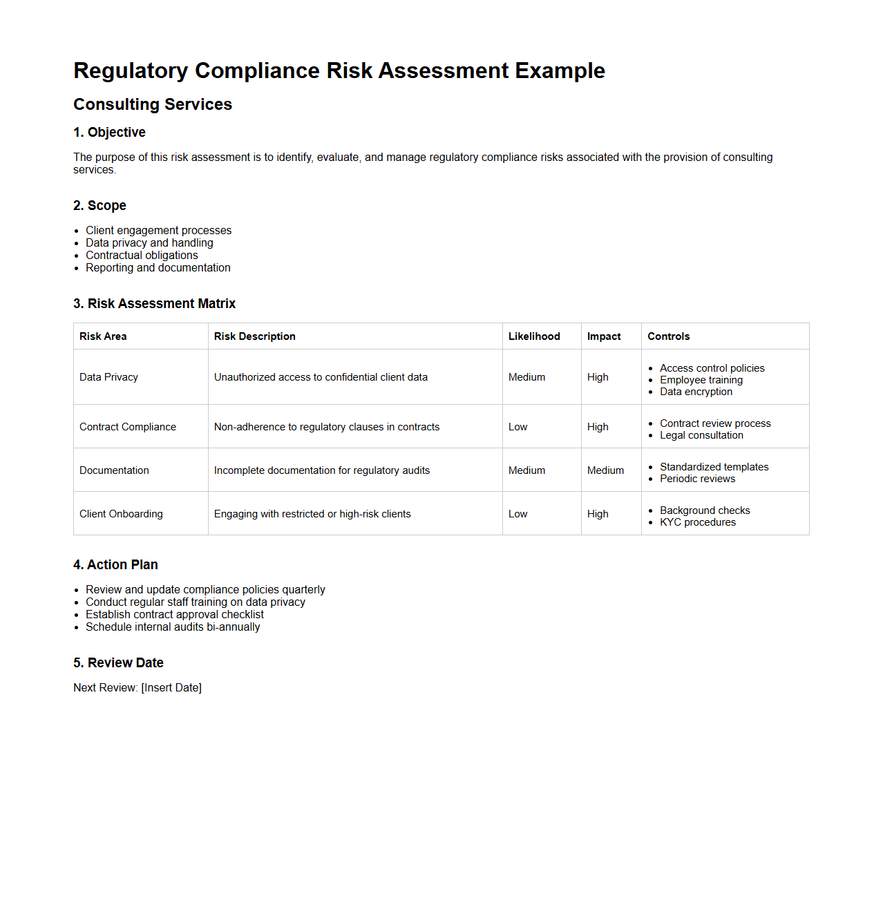 Regulatory Compliance Risk Assessment Example for Consulting Services
