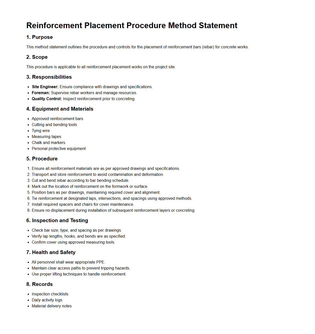 Reinforcement Placement Procedure Method Statement