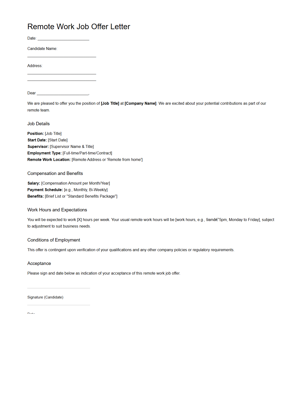 Remote Work Job Offer Letter Format