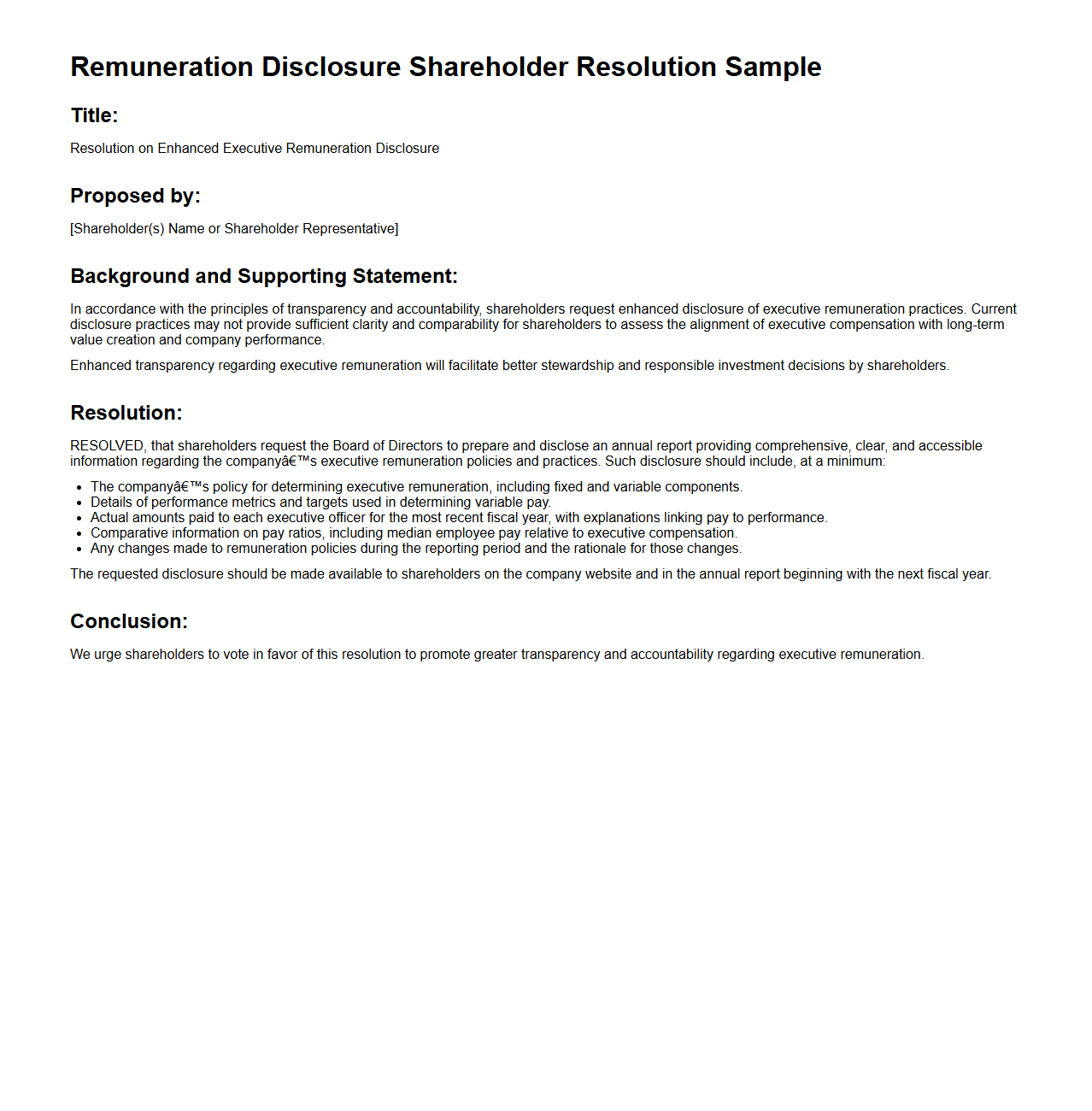Remuneration Disclosure Shareholder Resolution Sample