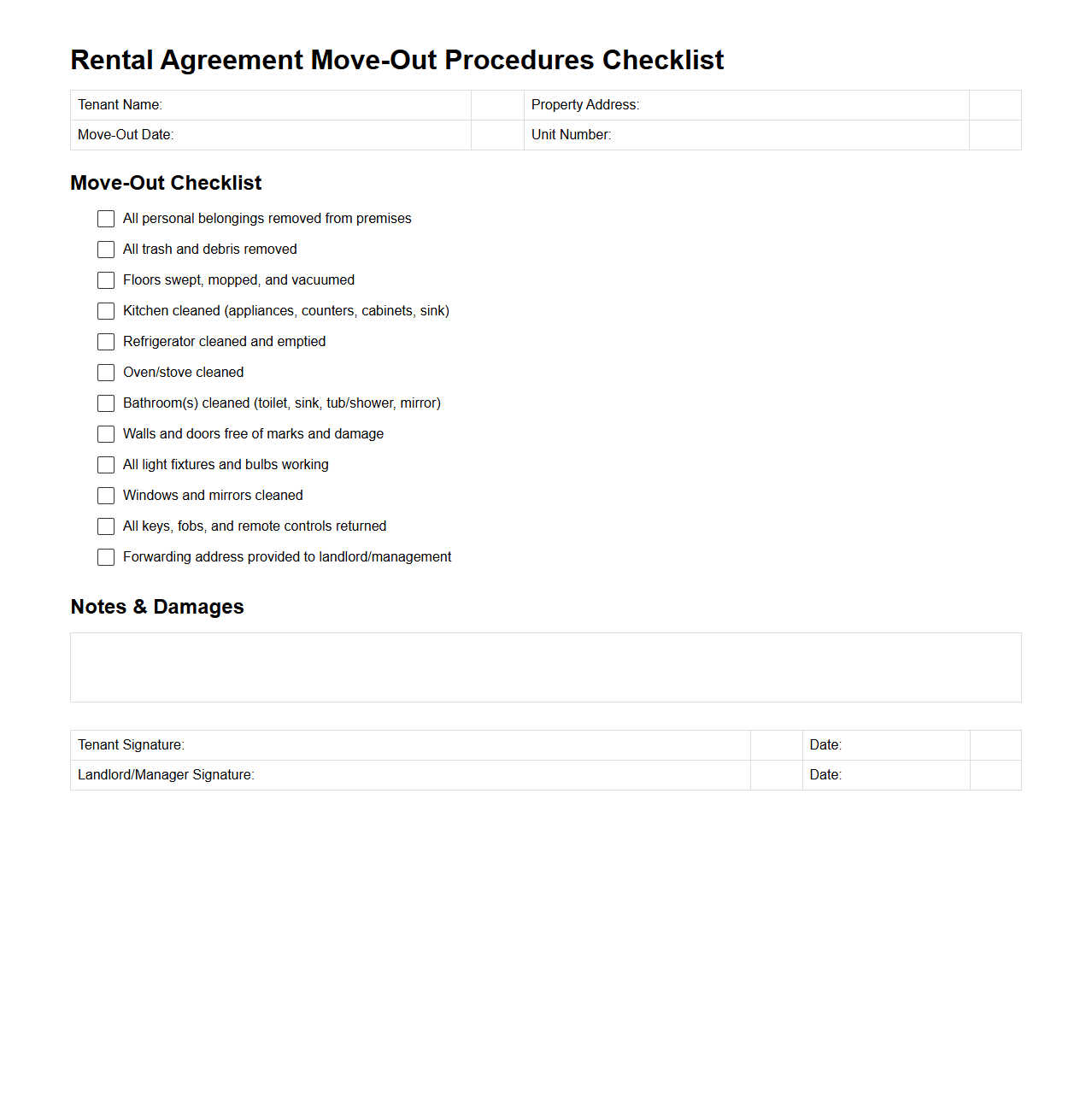 Rental Agreement Move-Out Procedures Checklist