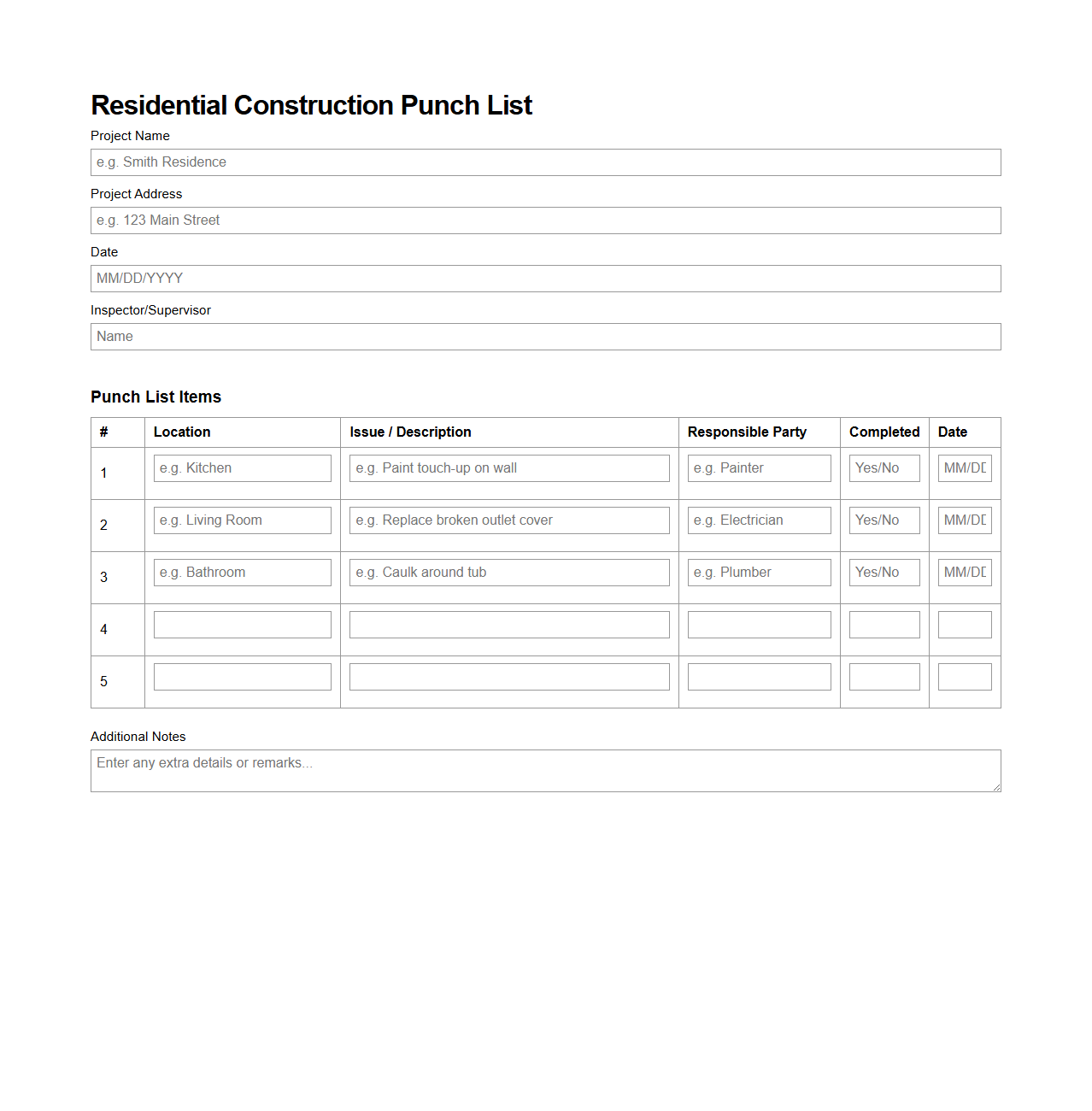 Residential Construction Punch List Example