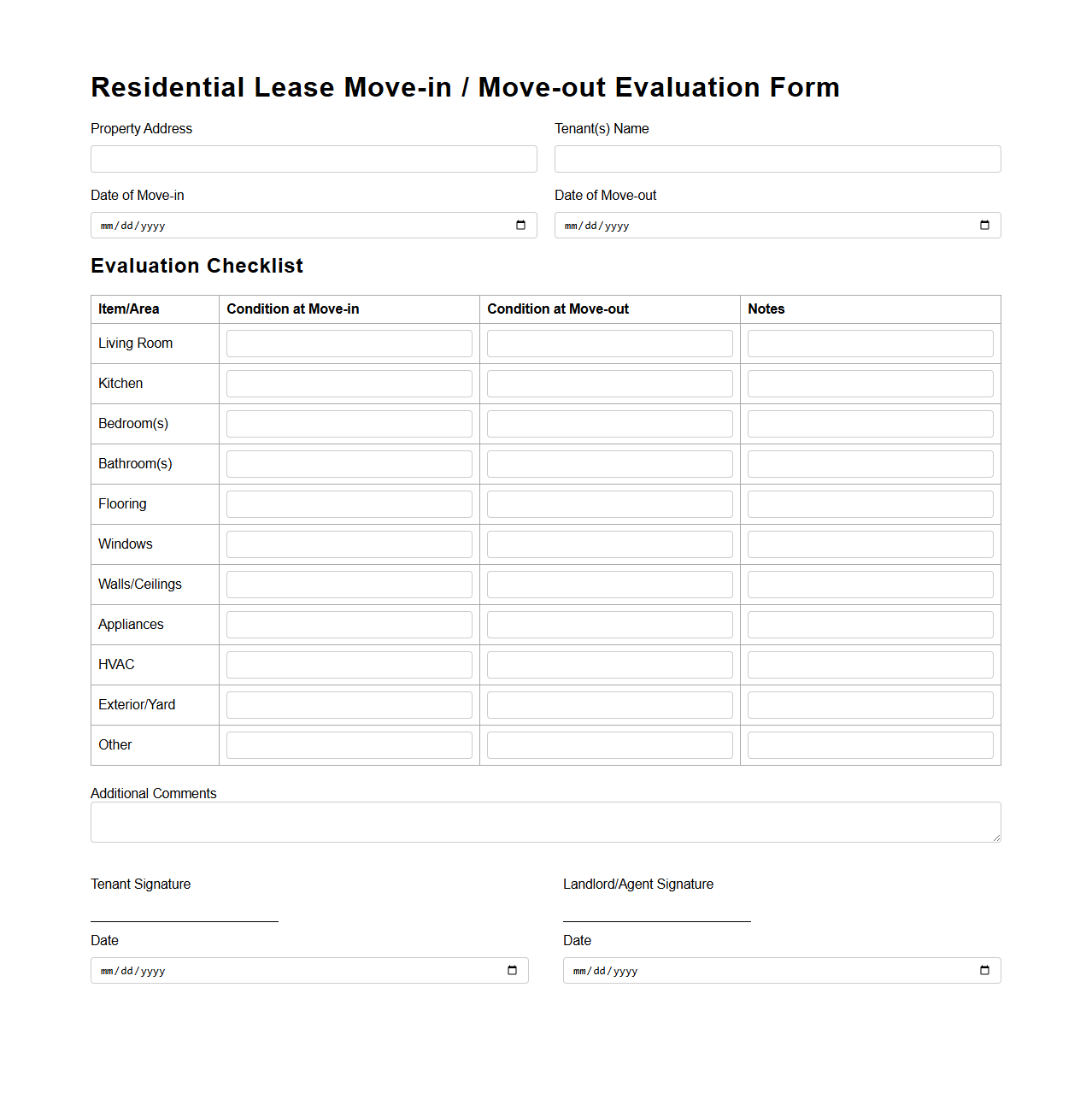 Residential Lease Move-in and Move-out Evaluation Form